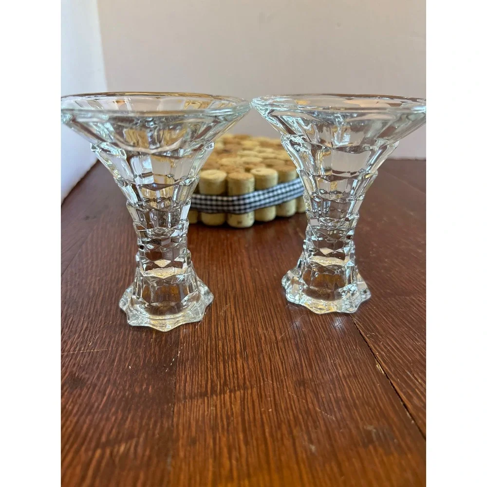 Homco Clear Pressed Glass Candlestick Holders Pair Vintage Faceted Taper 4 Inch